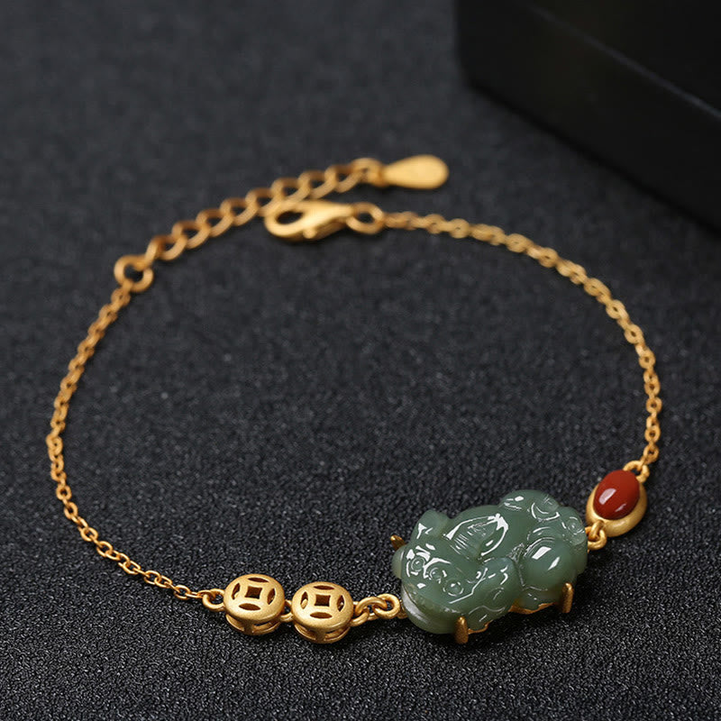 Wear FengShui Cyan Jade PiXiu Copper Coin Red Agate Success Chain Bracelet