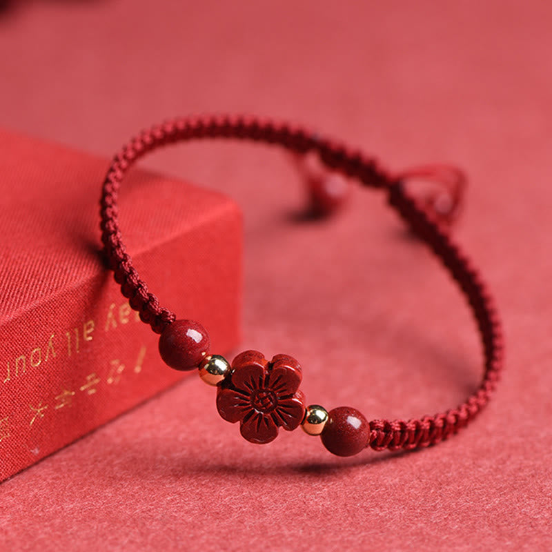 Wear FengShui Four Leaf Clover Five-petal Flower Cinnabar Blessing Red String Bracelet