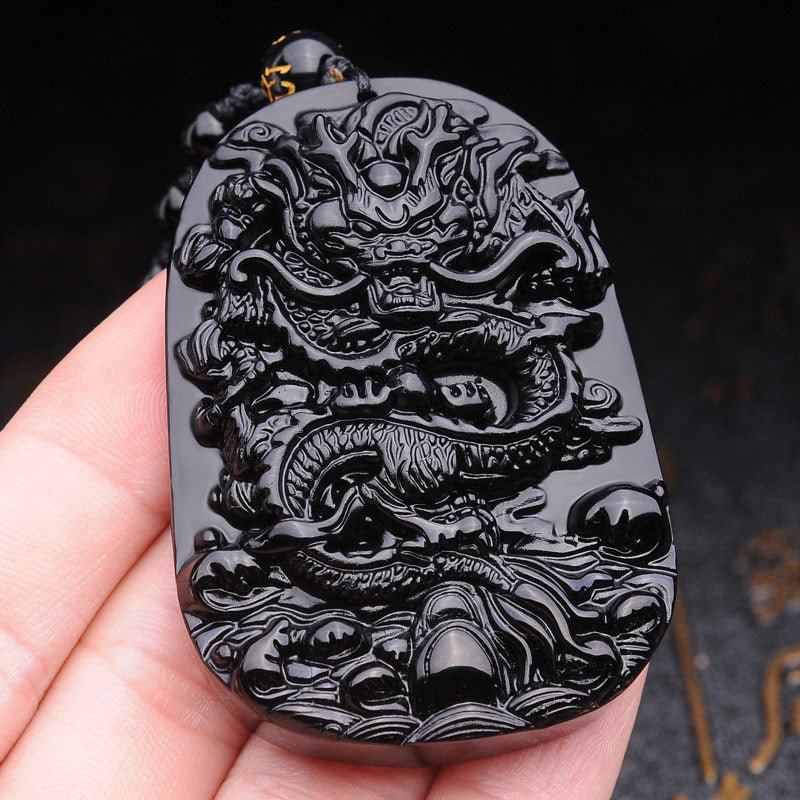 Wear FengShui Black Obsidian Stone Dragon Fulfilment Pendant Necklace