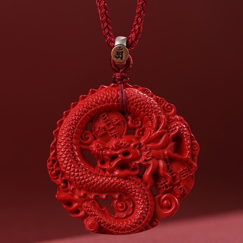 Wear FengShui Year of the Dragon 925 Sterling Silver Natural Cinnabar Copper Coin Luck Necklace Pendant