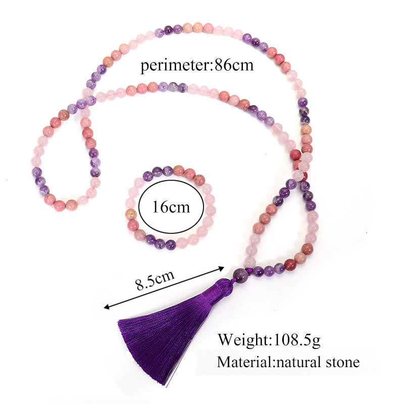 Wear FengShui 108 Mala Beads Amethyst Rose Quartz Spiritual Healing Tassel Bracelet