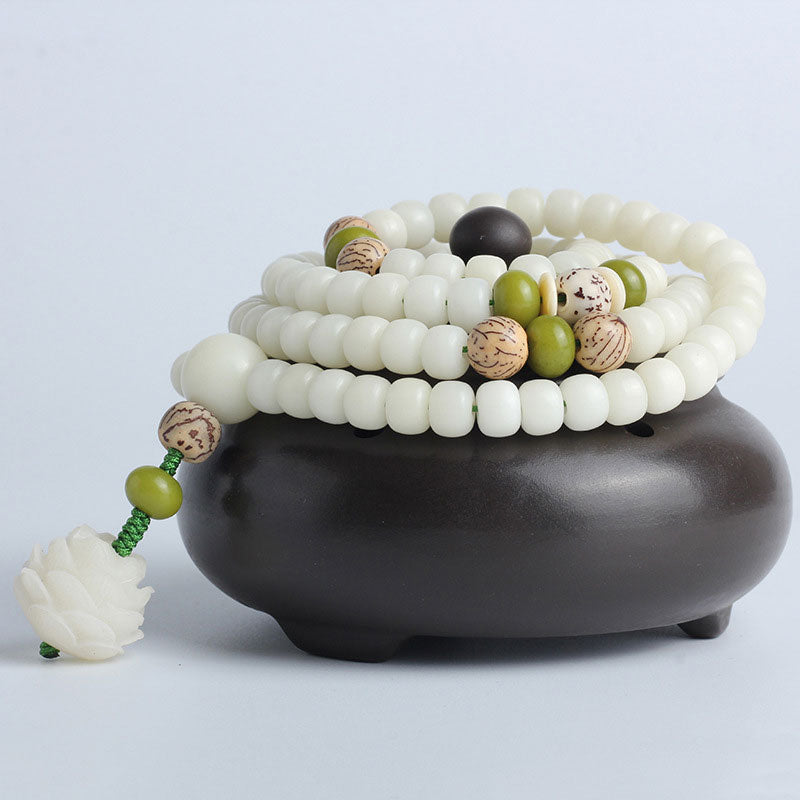 Wear FengShui White Jade Bodhi Lotus Mala Harmony Necklace Bracelet