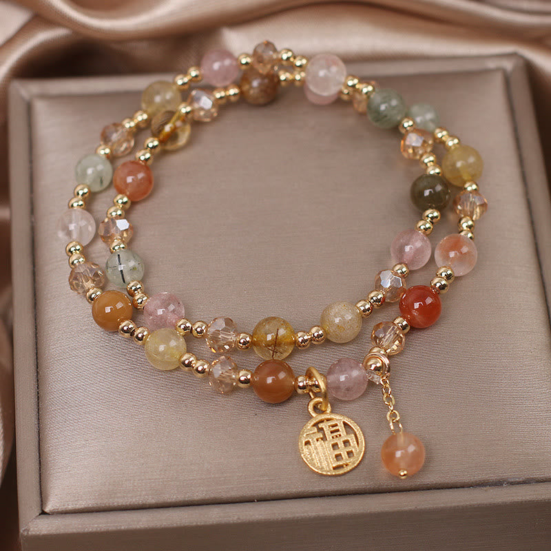 Wear FengShui Multicolored Rutilated Quartz Fu Character Auspiciousness Bracelet
