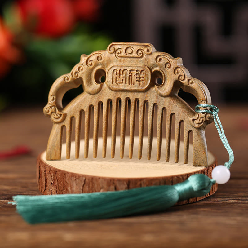 Wear FengShui Green Sandalwood Fox Peony Flower Lotus Engraved Cure Tassel Comb