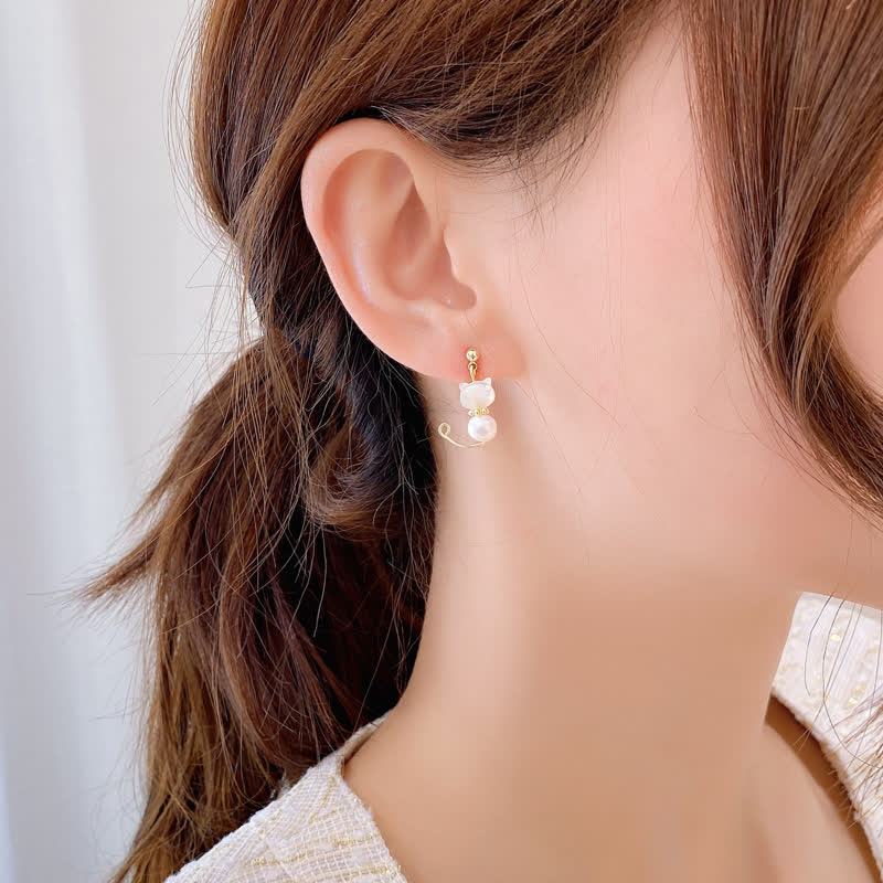 Wear FengShui Cute Cat Paw Pearl Wisdom Stud Drop Earrings
