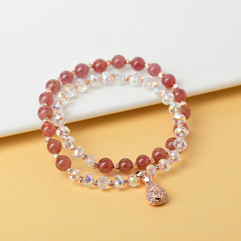 Wear FengShui Strawberry Quartz White Crystal Money Bag Charm Positive Bracelet