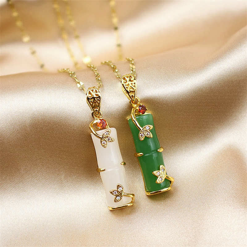Wear FengShui White Jade Cyan Jade Bamboo Luck Protection Necklace Pendant