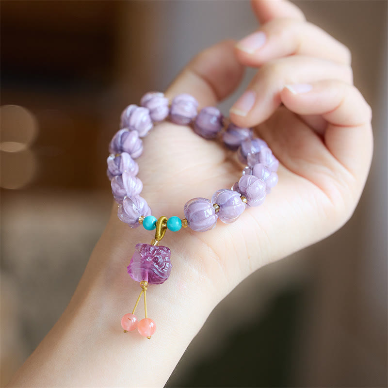 Wear FengShui Liuli Glass Bead Lotus Design Fluorite Ivory Fruit Dancing Lion Charm Enlightenment Bracelet