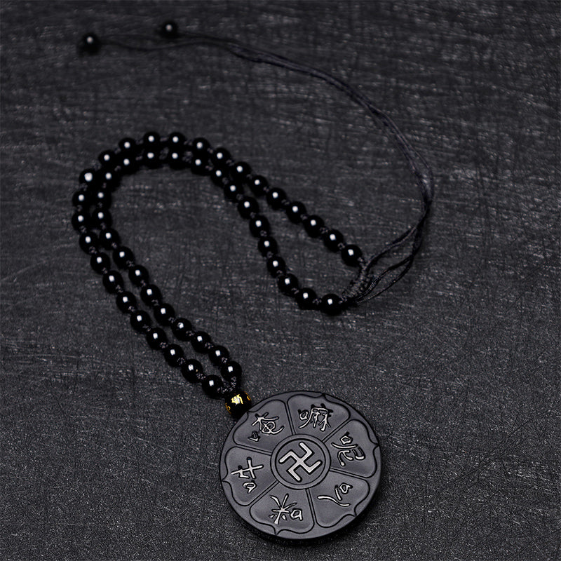 Wear FengShui Natural Black Obsidian Tibetan Om Mani Padme Hum Buddha Swastika Luck Necklace Pendant
