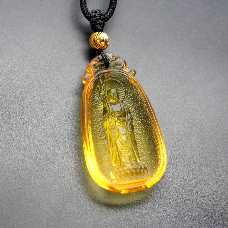Wear FengShui Ksitigarbha Buddha Liuli Crystal Serenity Amulet Necklace Pendant