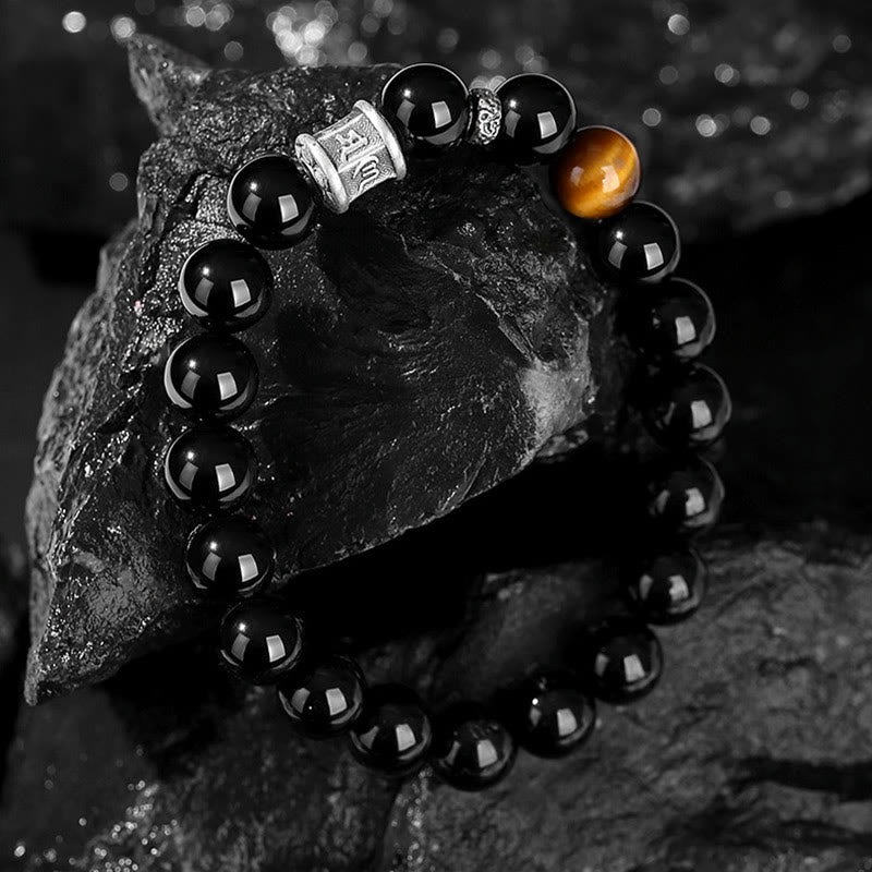 Wear FengShui 999 Sterling Silver Black Obsidian Tiger Eye Om Mani Padme Hum Fulfillment Bracelet
