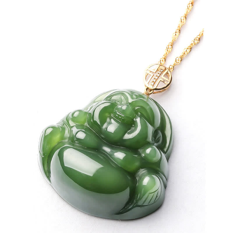 Wear FengShui 925 Sterling Silver Laughing Buddha Hetian Cyan Jade 18K Gold Success Necklace Chain Pendant