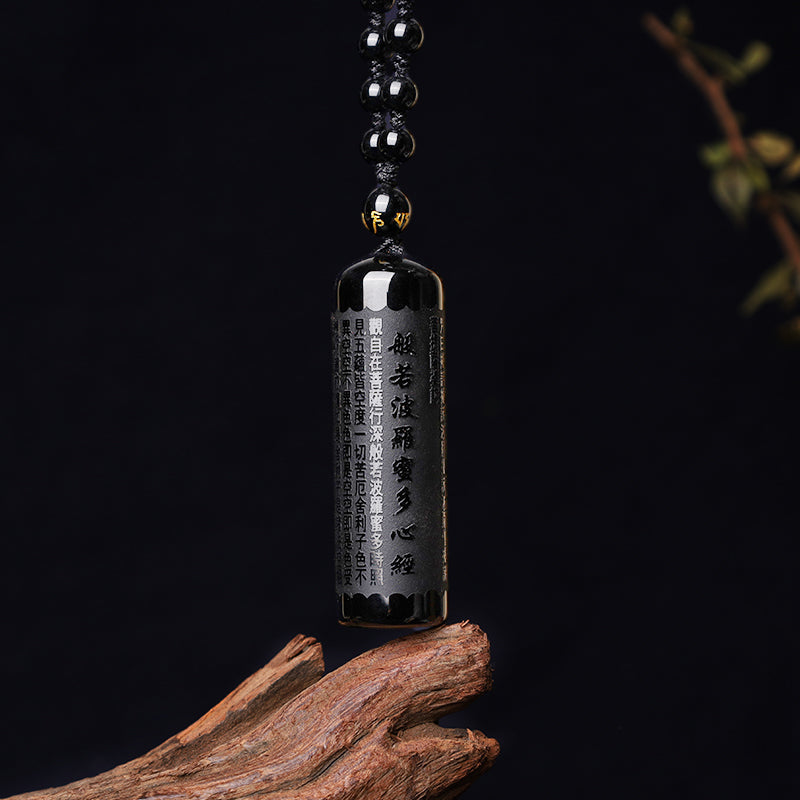 Wear FengShui Natural Black Obsidian Heart Sutra Purification Necklace Pendant