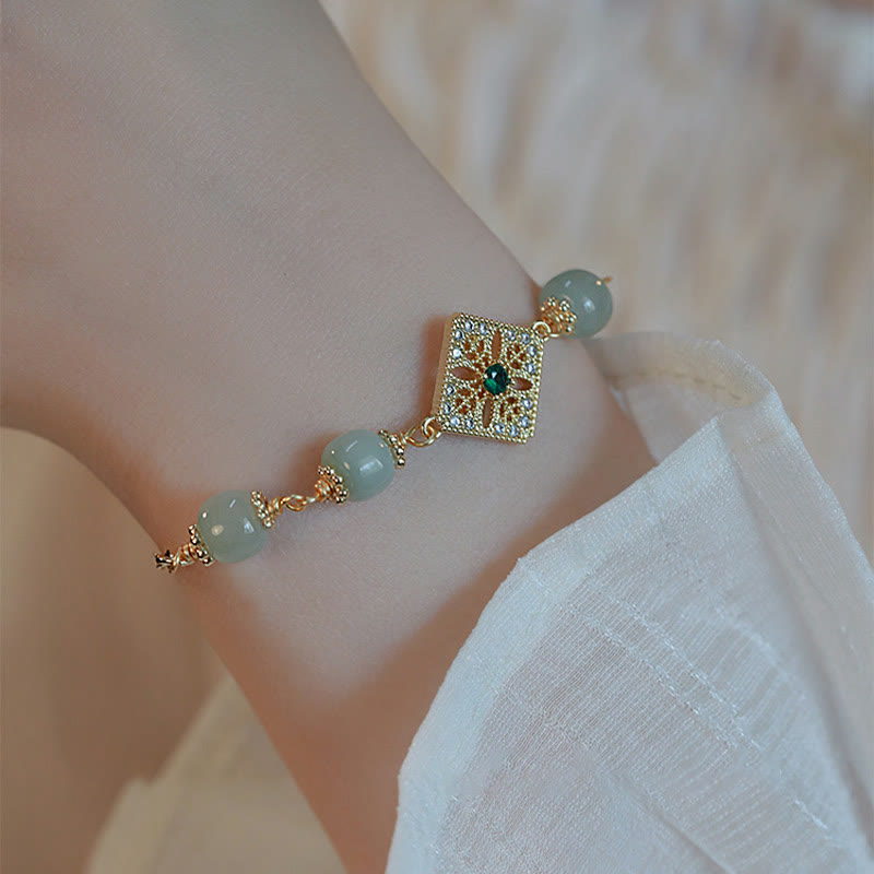 Wear FengShui Natural Hetian Jade Bead Square Pattern Luck Chain Bracelet
