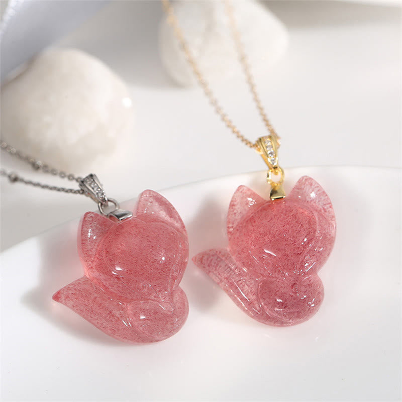 Wear FengShui 925 Sterling Silver Plated 14k Gold Strawberry Quartz Fox Healing Necklace Pendant