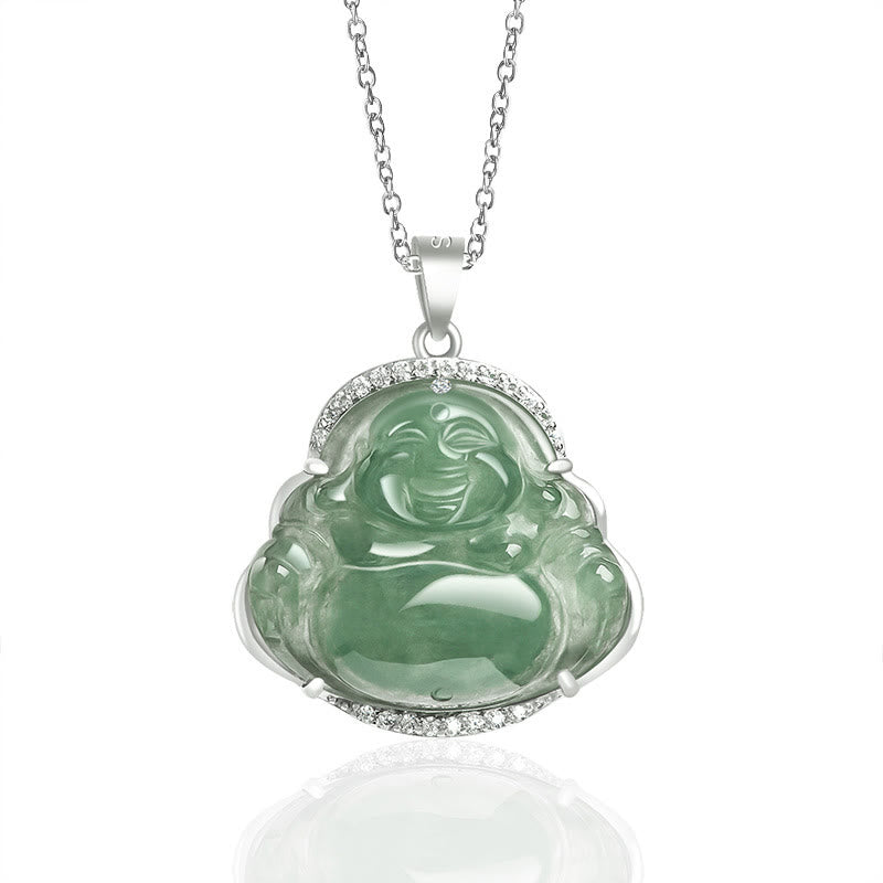 Wear FengShui Laughing Buddha Natural Jade Luck Prosperity Necklace Titanium Steel Chain Pendant