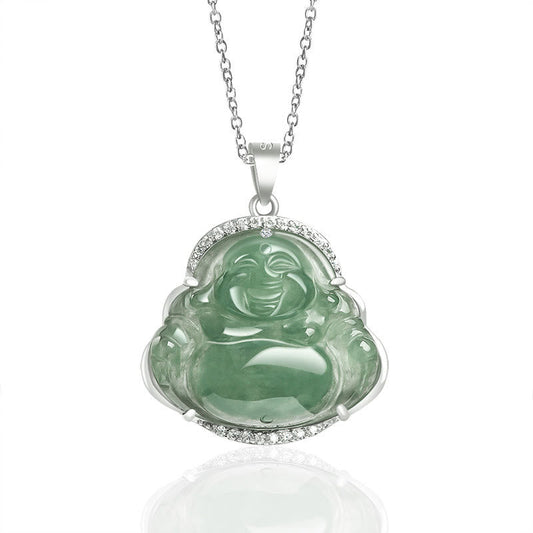 Wear FengShui Laughing Buddha Natural Jade Luck Prosperity Necklace Titanium Steel Chain Pendant