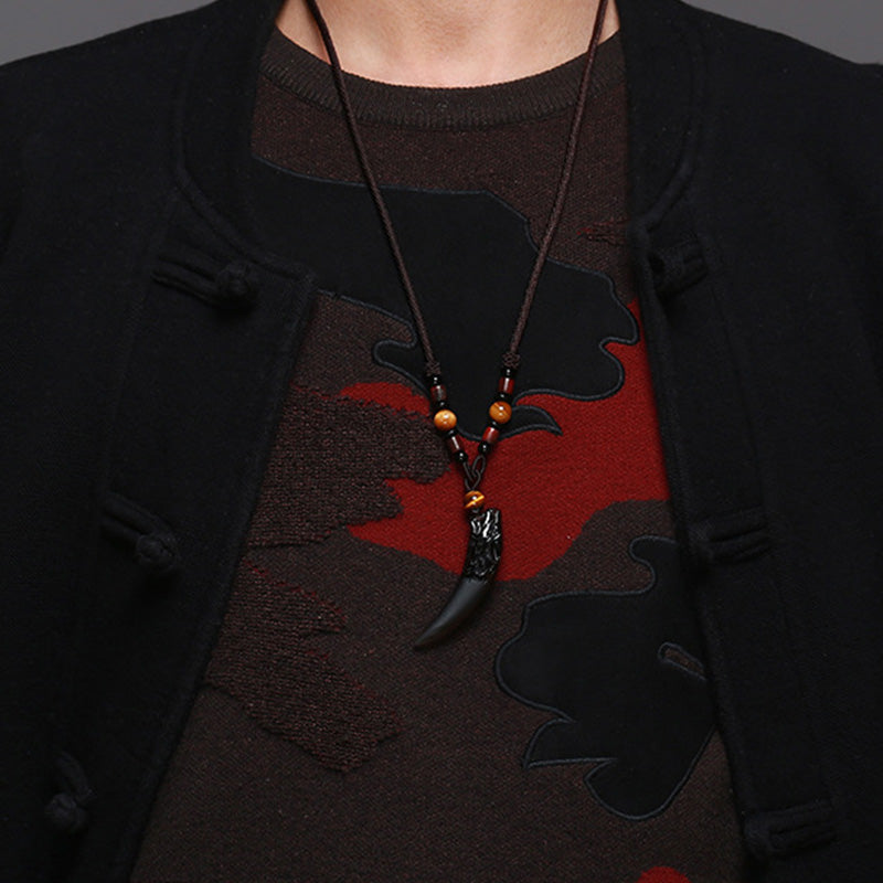 Wear FengShui Natural Ice Obsidian Wolf Tooth Pattern Courage Necklace Pendant
