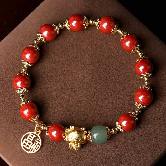 Wear FengShui Year of the Dragon Natural Cinnabar Fu Character Charm Blessing Bracelet