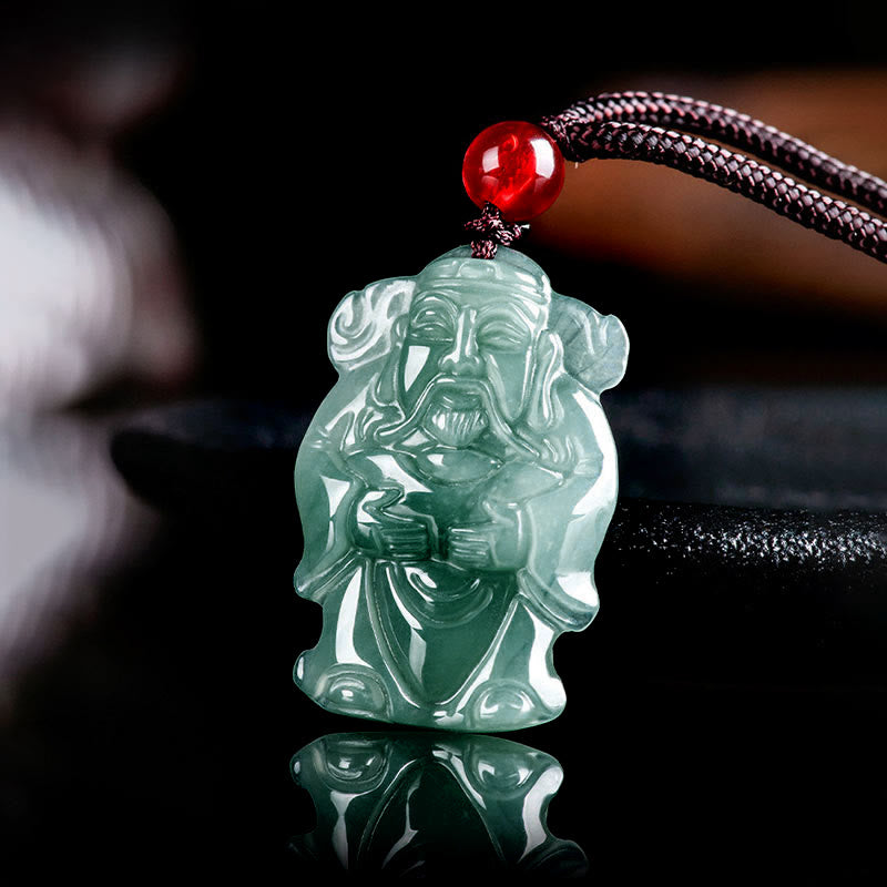 Wear FengShui Natural Green Jade Chinese God of Wealth Caishen Ingot Abundance Necklace Pendant