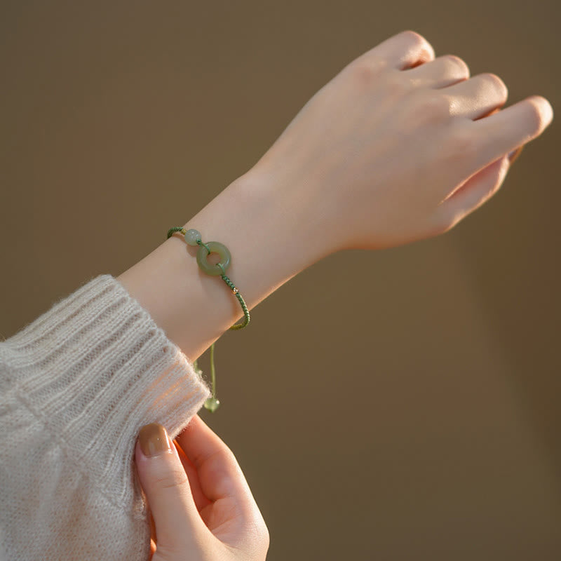 Wear FengShui Lotus Jade Peace Buckle Bead Luck Happiness Charm String Bracelet