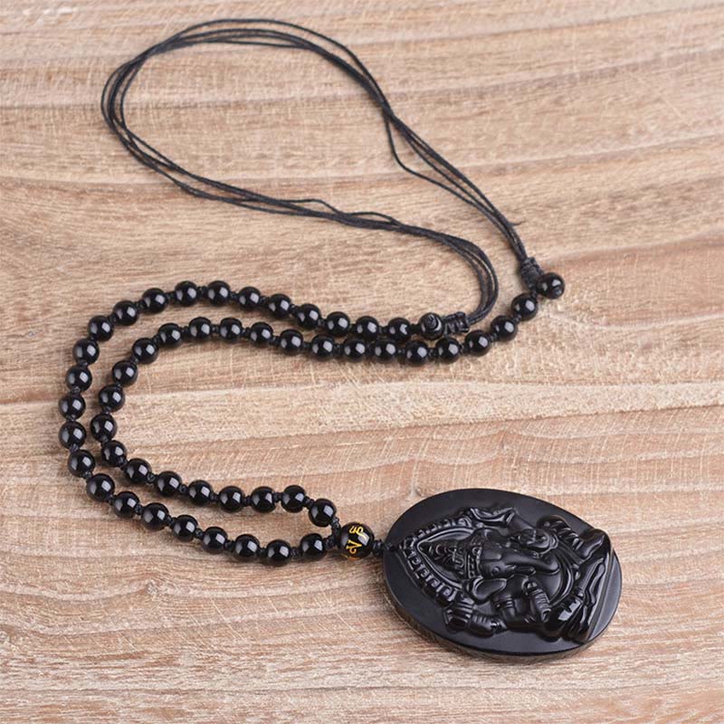 Wear FengShui Tibetan Obsidian Ganesh Ganpati Elephant Wealth Amulet Necklace