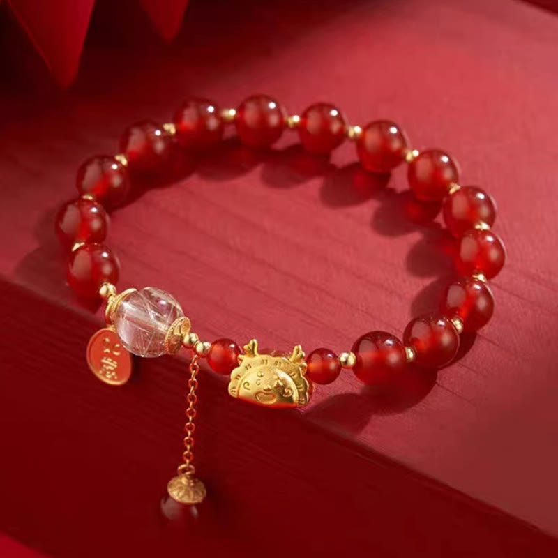 Wear FengShui Year of the Dragon Dumpling Natural Red Agate Garnet Hetian Jade Fu Character Luck Success Bracelet