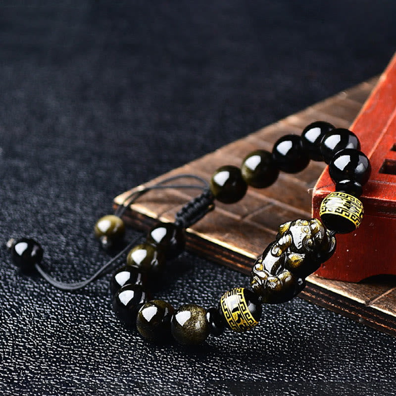 Wear FengShui Natural Gold Sheen Obsidian PiXiu Om Mani Padme Hum Wealth Braided Bracelet