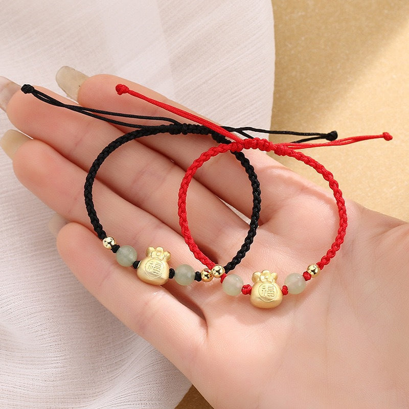 Wear FengShui Lucky Money Bag Fu Character Jade Bead Luck Braided Bracelet