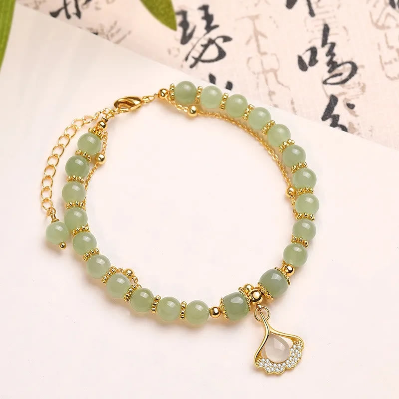 Wear FengShui Jade Leaf Ginkgo Tulip Peanut Fu Character Luck Beaded Bracelet