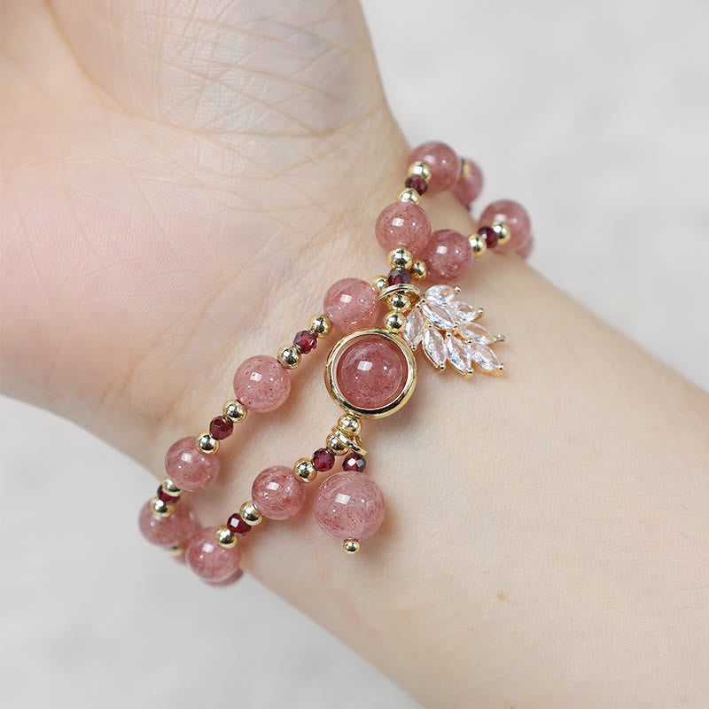 Wear FengShui Natural Strawberry Quartz Love Healing Maple Leaf Charm Double Wrap Bracelet