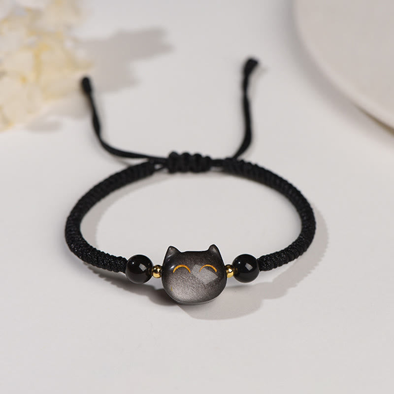 Wear FengShui Handmade Natural Silver Sheen Obsidian Strawberry Quartz Cute Cat Protection Braided Bracelet