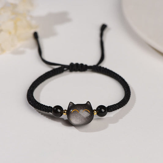 Wear FengShui Handmade Natural Silver Sheen Obsidian Strawberry Quartz Cute Cat Protection Braided Bracelet