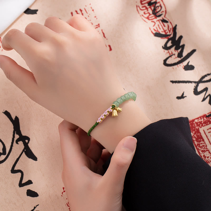 Wear FengShui Handmade Jade Bead Lily of the Valley Charm Luck Braided Bracelet