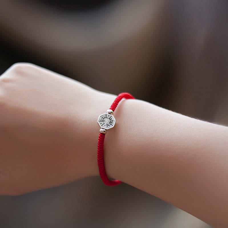 Wear FengShui 925 Sterling Silver Yin Yang Bagua Symbol Cinnabar String Concentration Bracelet