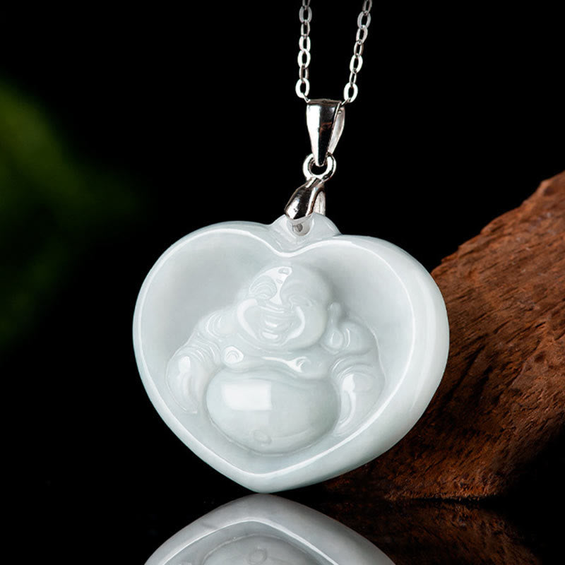 Wear FengShui Laughing Buddha White Jade Luck Blessing Titanium Steel Chain Necklace Pendant