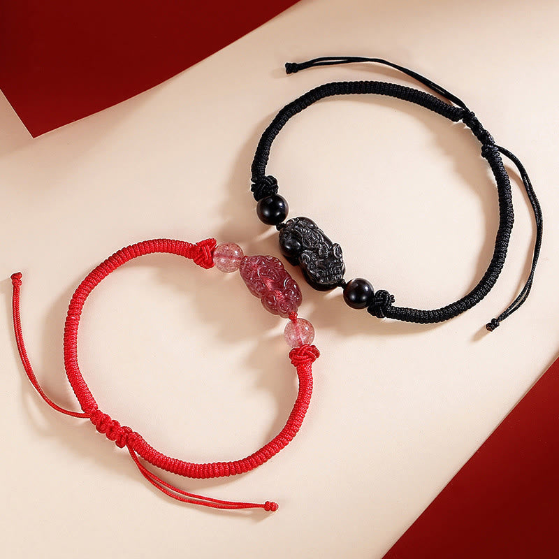 Wear FengShui Handmade Natural Silver Sheen Obsidian Strawberry Quartz PiXiu Protection Braided Bracelet