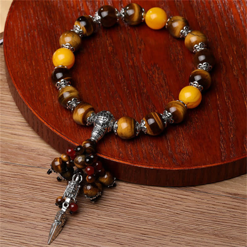 Wear FengShui Natural Tiger Eye Red Agate Dragon Vein Agate Stone Vajra Dorje Power Healing Bracelet Car Decoration
