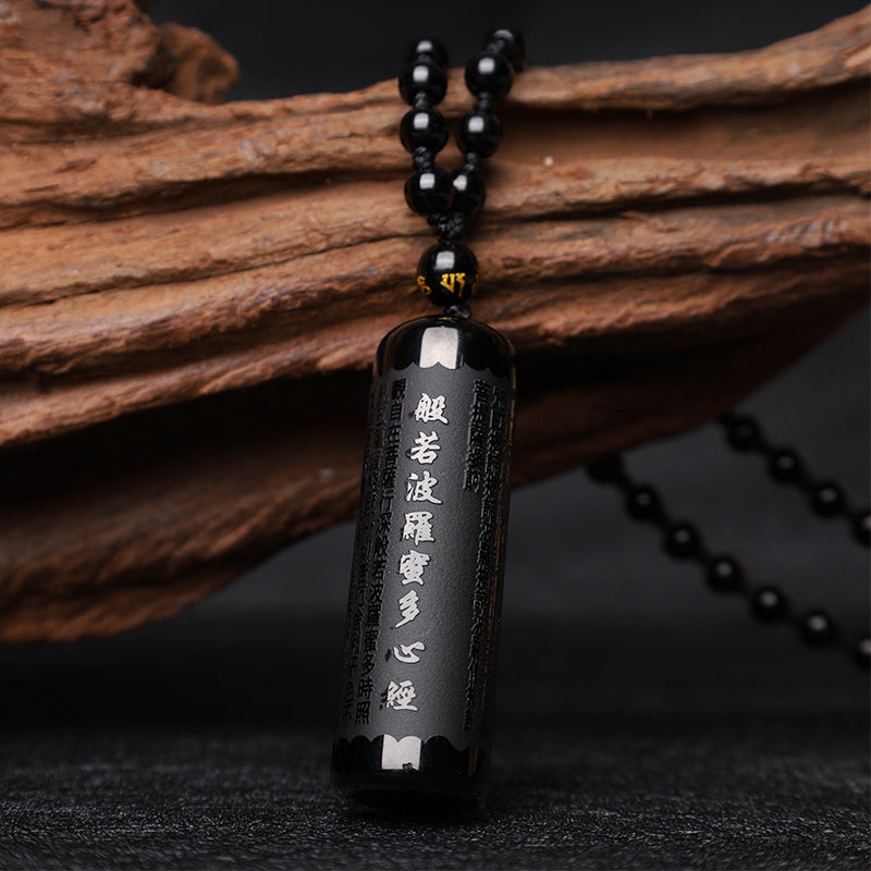 Wear FengShui Natural Black Obsidian Heart Sutra Purification Necklace Pendant