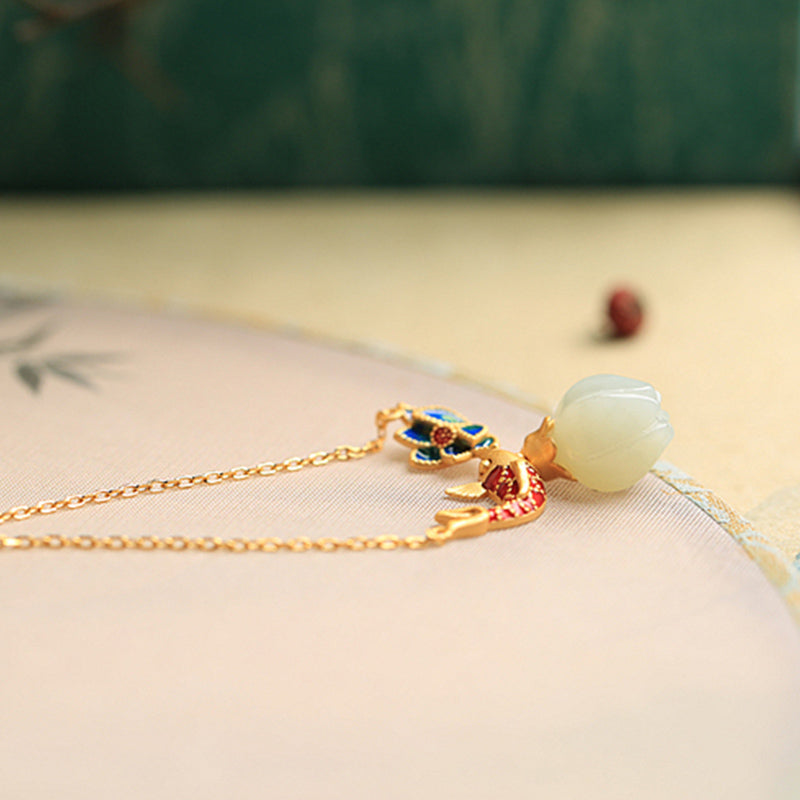 Wear FengShui White Jade Koi Fish Lotus Copper Protection Necklace Pendant