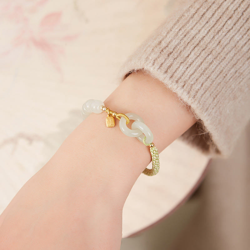 Wear FengShui Natural Hetian Jade Bead Double Peace Buckle Fu Character Abundance Braided Bracelet