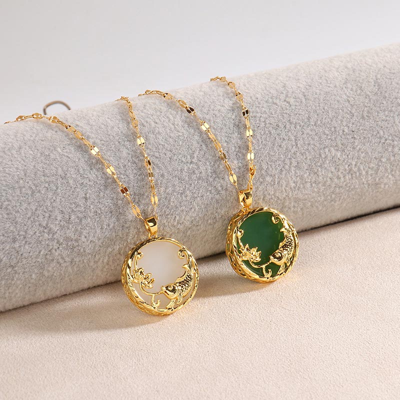 Wear FengShui Natural Jade Koi Fish Lotus Luck Necklace Pendant