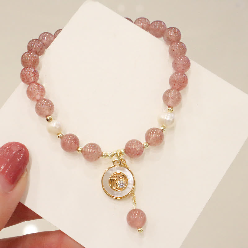 Wear FengShui Strawberry Quartz Pearl Elk Smiley Face Fishtail Fu Character Charm Healing Bracelet