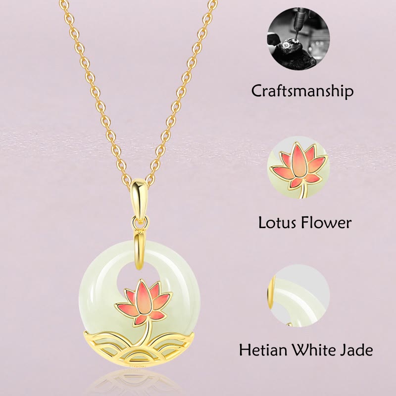 Wear FengShui 925 Sterling Silver Hetian White Jade Lotus Flower Blessing Necklace Pendant