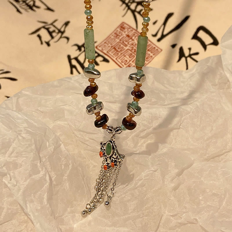 Wear FengShui Tibetan Crystal Stone Copper Luck Tassel Necklace Pendant