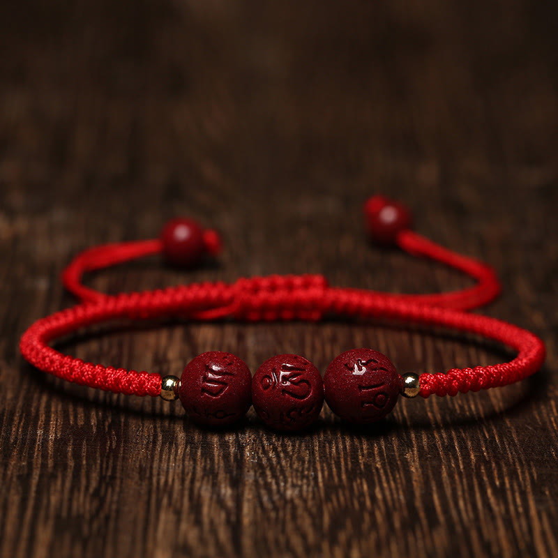Wear FengShui Handmade Cinnabar Om Mani Padme Hum Engraved Beads Blessing Braided Bracelet