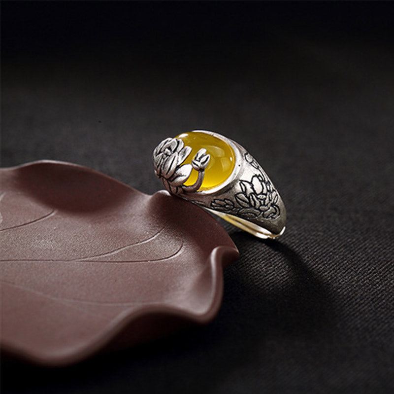 Wear FengShui Citrine Lotus Blessing Protection Adjustable Ring
