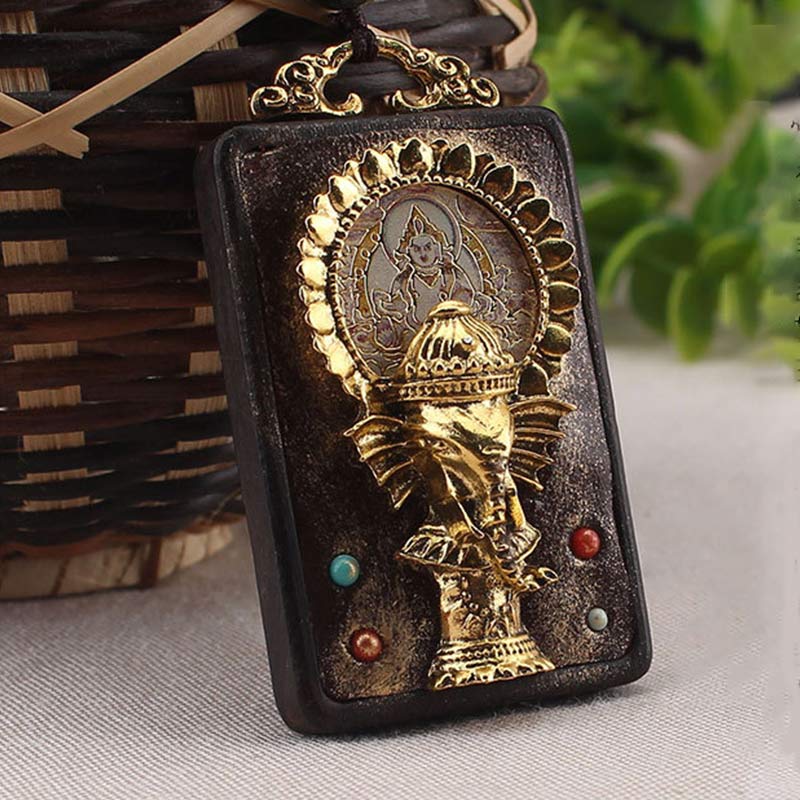 Wear FengShui Ebony Wood Elephant God of Fortune Buddha Blessing Necklace String Pendant