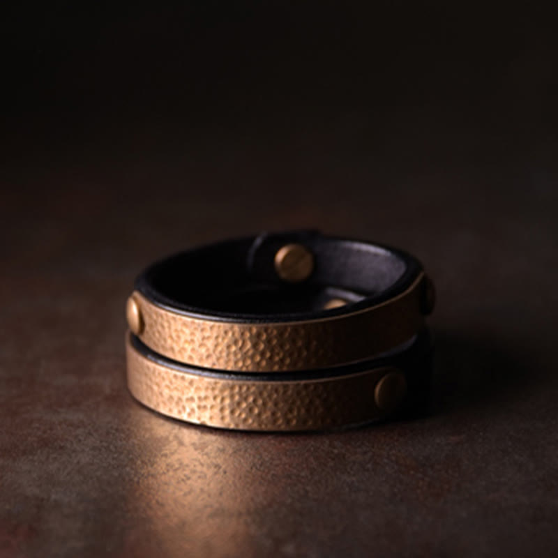 Wear FengShui Vintage Handmade Texture Copper Brass Leather Wealth Bracelet Bangle