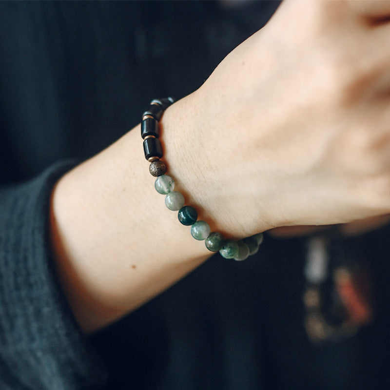 Wear FengShui Ebony Wood Red Jasper Moss Agate Crystal Copper Peace Couple Bracelet